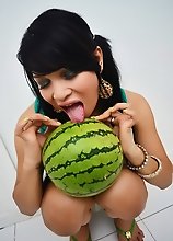 Petite Asian shemale with Big Tits fucking a watermelon