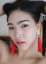 21 year old busty Thai ladyboy strips and sucks tourist cock for a facial